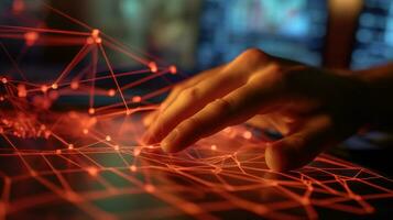 3D network visualization by cybersecurity expert's hand. Generative AI photo
