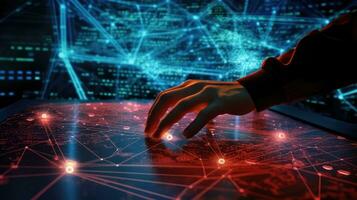 3D network visualization by cybersecurity expert's hand. Generative AI photo