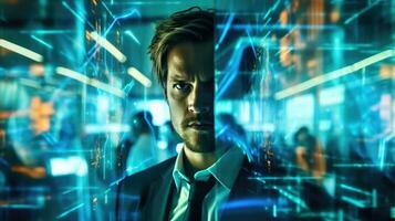 A cybersecurity expert and a complex network visualization. Generative AI photo