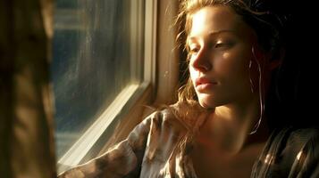 The dreamer is a girl looking out the window, her eyes filled with curiosity. Generative AI photo