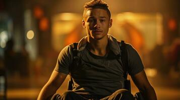 Wheelchair-bound athlete preparing to train for a basketball game. photo