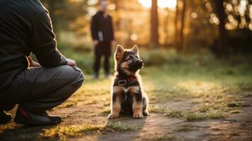 A dog trainer is instructing a puppy to sit. Generative AI photo