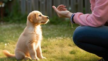 A dog trainer is instructing a puppy to sit. Generative AI photo