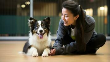 A dog trainer is instructing a puppy to sit. Generative AI photo