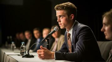 Young entrepreneur giving a speech at the panel. Generative AI photo