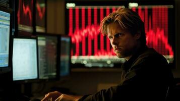 Investor focused on computer screen showing stock chart. Generative AI photo