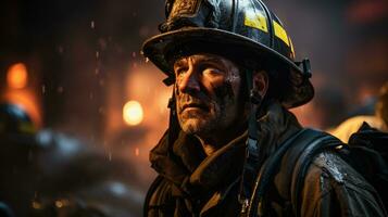 Close-up of a firefighter fighting flames. Generative AI photo