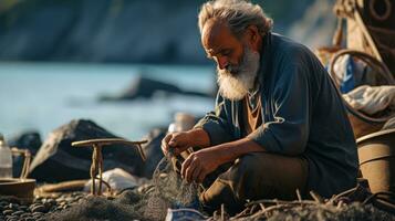 pescador zurcidura su redes en un playa ciudad. generativo ai foto