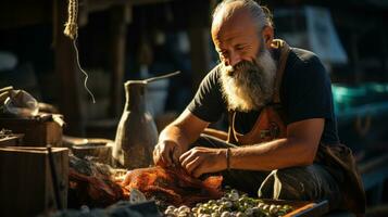 Fisherman mending his nets in a seaside town. Generative AI photo
