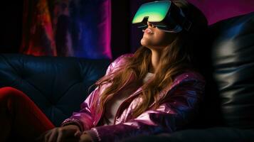 Player navigating the digital world with a VR headset. Generative AI photo