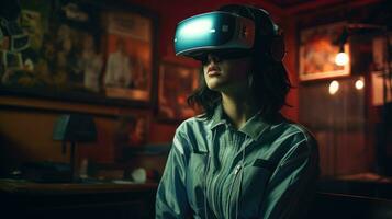 Player navigating the digital world with a VR headset. Generative AI photo