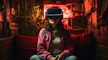 Player navigating the digital world with a VR headset. Generative AI photo