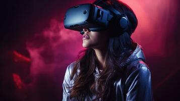 Player navigating the digital world with a VR headset. Generative AI photo