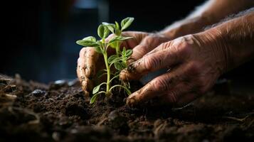 A gardener planting a seed in fertile soil with the hope of a fertile harvest. Generative AI photo