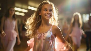 contento joven niña es bailando a el música. generativo ai foto