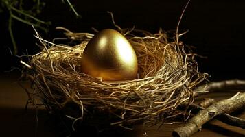 A golden egg shimmering among the twigs of a bird's nest. Generative AI photo