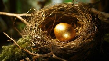 A golden egg shimmering among the twigs of a bird's nest. Generative AI photo