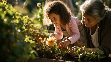 A grandmother teaching her granddaughter to plant flowers in her home garden. Generative AI photo