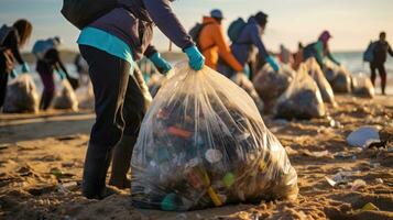 un grupo de joven niños y adolescentes es limpieza arriba el plastico residuos en el playa. generativo ai foto