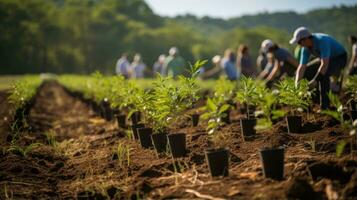 A group of volunteers are planting trees in a treeless area. Generative AI photo