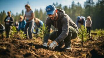 A group of volunteers are planting trees in a treeless area. Generative AI photo