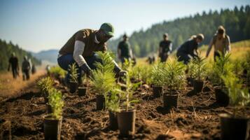 un grupo de voluntarios son plantando arboles en un sin árboles área. generativo ai foto