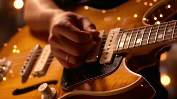 Close-up view of the musician's hand on the guitar. Generative AI photo