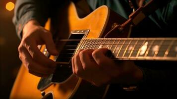 de cerca ver de el del músico mano en el guitarra. generativo ai foto