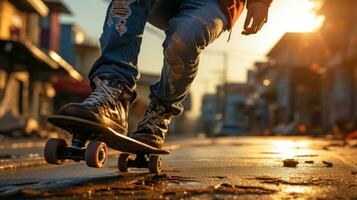 Close-up of young boy riding a skateboard on the streets of the city. Generative AI photo