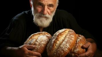 un mayor panadero es participación un pan de un pan en su manos. generativo ai foto