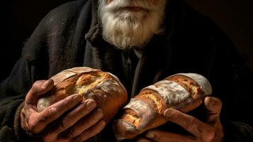 An elderly baker is holding a loaf of bread in his hands. Generative AI photo