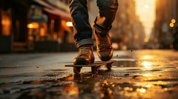 Close-up of young boy riding a skateboard on the streets of the city. Generative AI photo