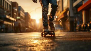 Close-up of young boy riding a skateboard on the streets of the city. Generative AI photo