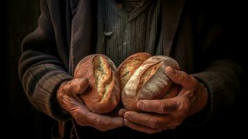 An elderly baker is holding a loaf of bread in his hands. Generative AI photo