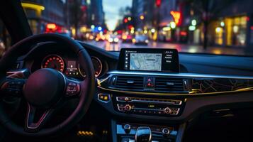 Interior view of a modern vehicle. Generative AI photo