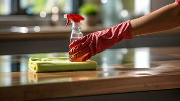 Hand of a person working on a stained kitchen counter. Generative AI photo