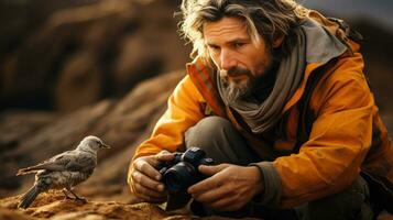 un fotógrafo esperando a tomar un imagen de un raro pájaro. generativo ai foto