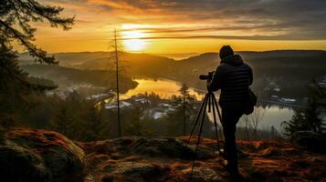 un fotógrafo dispara paisajes con un trípode. generativo ai foto