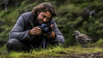 un fotógrafo esperando a tomar un imagen de un raro pájaro. generativo ai foto