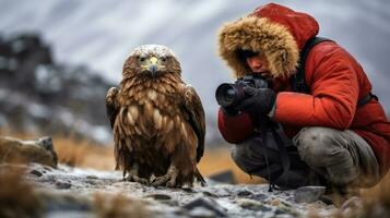 un fotógrafo esperando a tomar un imagen de un raro pájaro. generativo ai foto