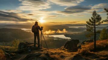 A photographer shoots landscapes with a tripod. Generative AI photo