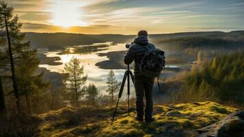 un fotógrafo dispara paisajes con un trípode. generativo ai foto