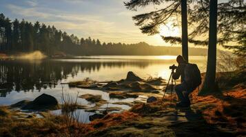 A photographer shoots landscapes with a tripod. Generative AI photo