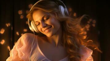 un embarazada mujer escuchando a su favorito música con auriculares. generativo ai foto