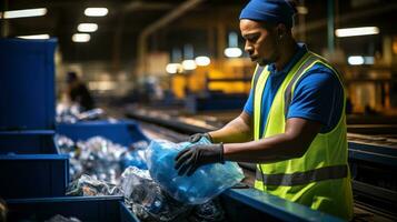 A worker sorting plastics at a recycling center. Generative AI photo