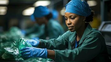 A worker sorting plastics at a recycling center. Generative AI photo