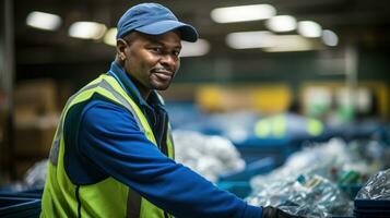 A worker sorting plastics at a recycling center. Generative AI photo