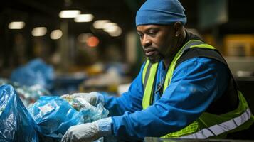 A worker sorting plastics at a recycling center. Generative AI photo