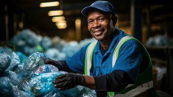 A worker sorting plastics at a recycling center. Generative AI photo