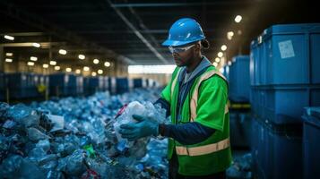 A worker sorting plastics at a recycling center. Generative AI photo